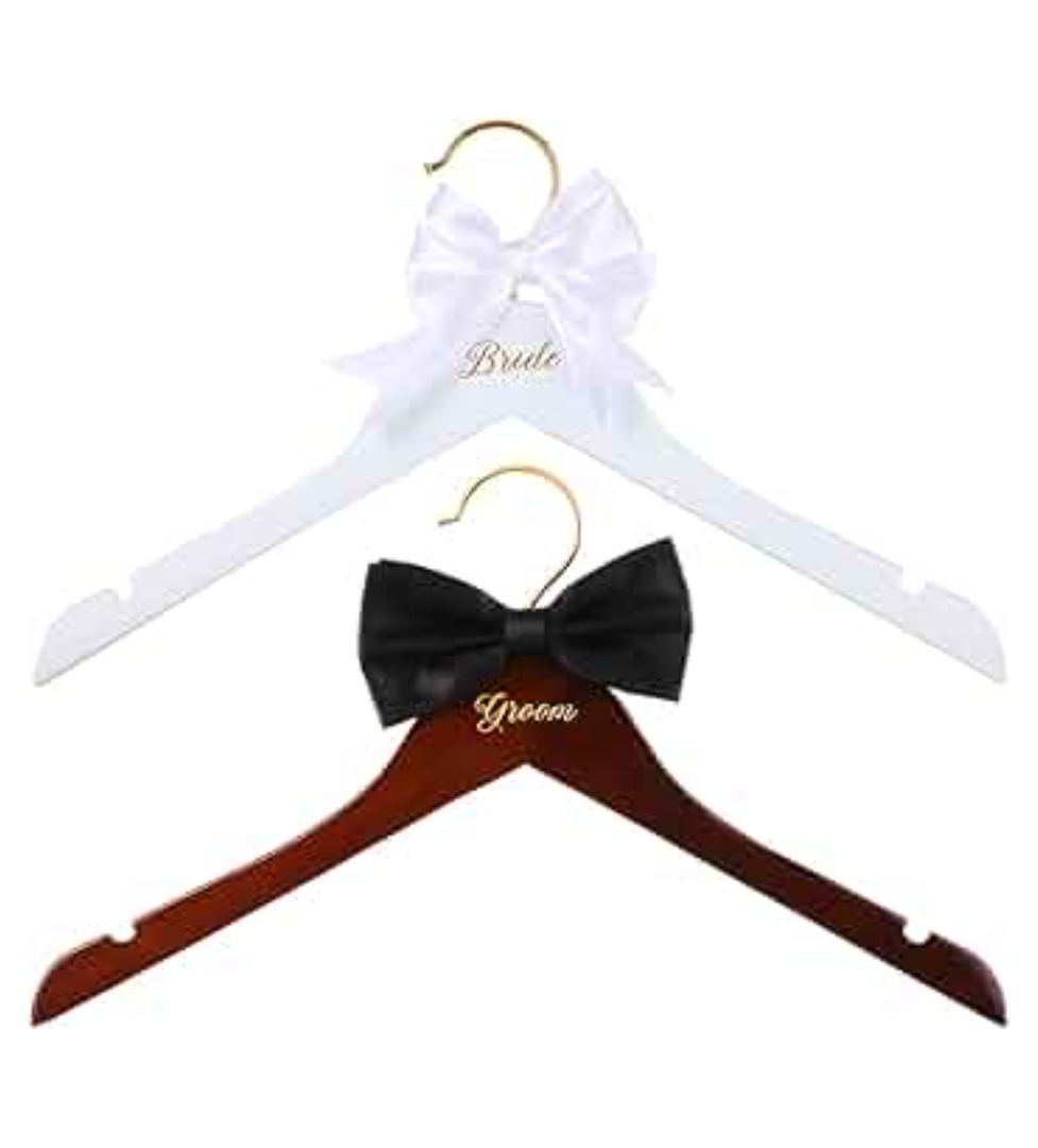 2 Pcs Bride Hanger Bride and Groom Wooden Wedding Dress Hanger Set with Bow Tie for Tuxedo Suit Wedding Gift Bridal Party Shower