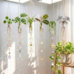 6 Pcs Plant Propagation Station Colorful Crystal Suncatcher, Handmade Boho Rooting Vase, Hanging Window Plant Propagator Stations Suncatcher with Chain Pendant Ornament Balls