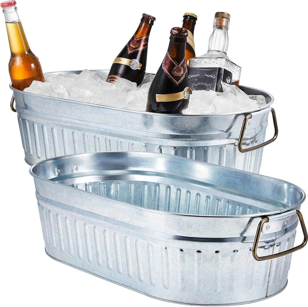 Lallisa 2 Pcs 5.3 gallons Galvanized Beverage Tub Galvanized Bucket Metal Ice and Drink Bucket with Handles Tub for Parties Farmhouse Home Pool Bar (Silver)