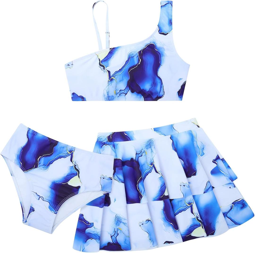 RAISEVERN Girls Bathing Suit 11-12 Years 3 Piece Swimsuit Adjustable Spaghetti Strap Marble Bikini Sets with Ruffle Cover Ups Beach Skirt Size 12 Cute Quick Dry Tankini Summer Swimwear