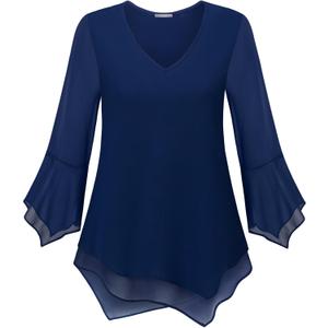 Furnex Blouses for Women Dressy Casual 3/4 Ruffle Sleeve V Neck Chiffon Double Layers Business Casual Tops for Women (XX-Large, Deep Blue)