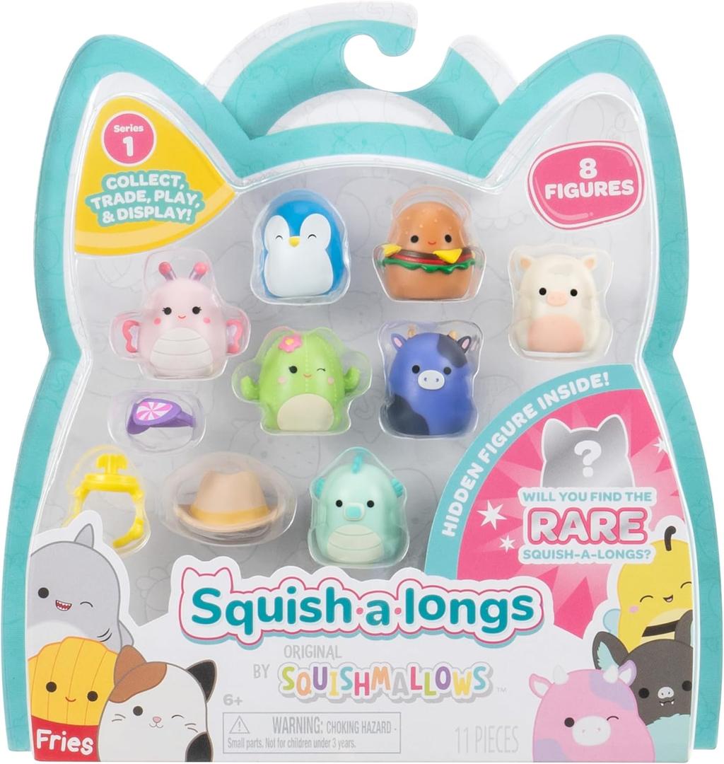 Squish-a-longs 8 Pack - Series 1, Style 1 - (8) 1 Mini-Squish with 2 Accessories, Ring, and Collectors Guide - Collect, Trade, & Play