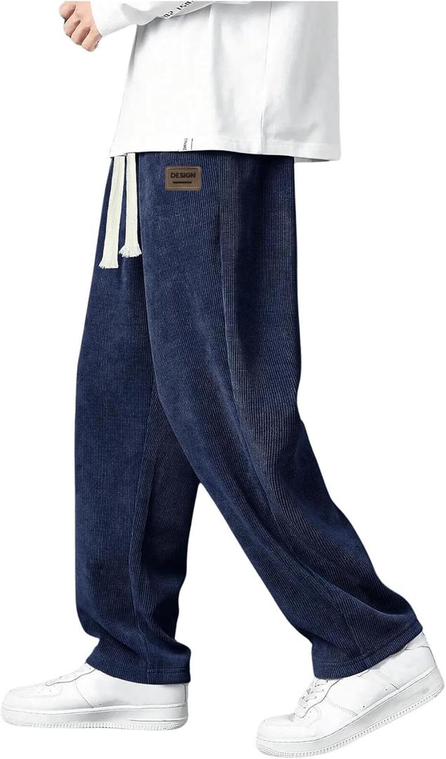 Men's Baggy Pants Tie Front Drawstring Waist Corduroy Pants Casual Loose Straight Leg Pants Trousers (X-Large, Dark Blue)