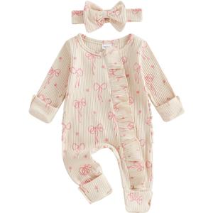 Newborn Baby Girl Coming Home Outfit Ruffle Romper Onesie Cute Ribbed Knit Jumpsuit Winter Clothes and Headband (Sweet Bow Cream)