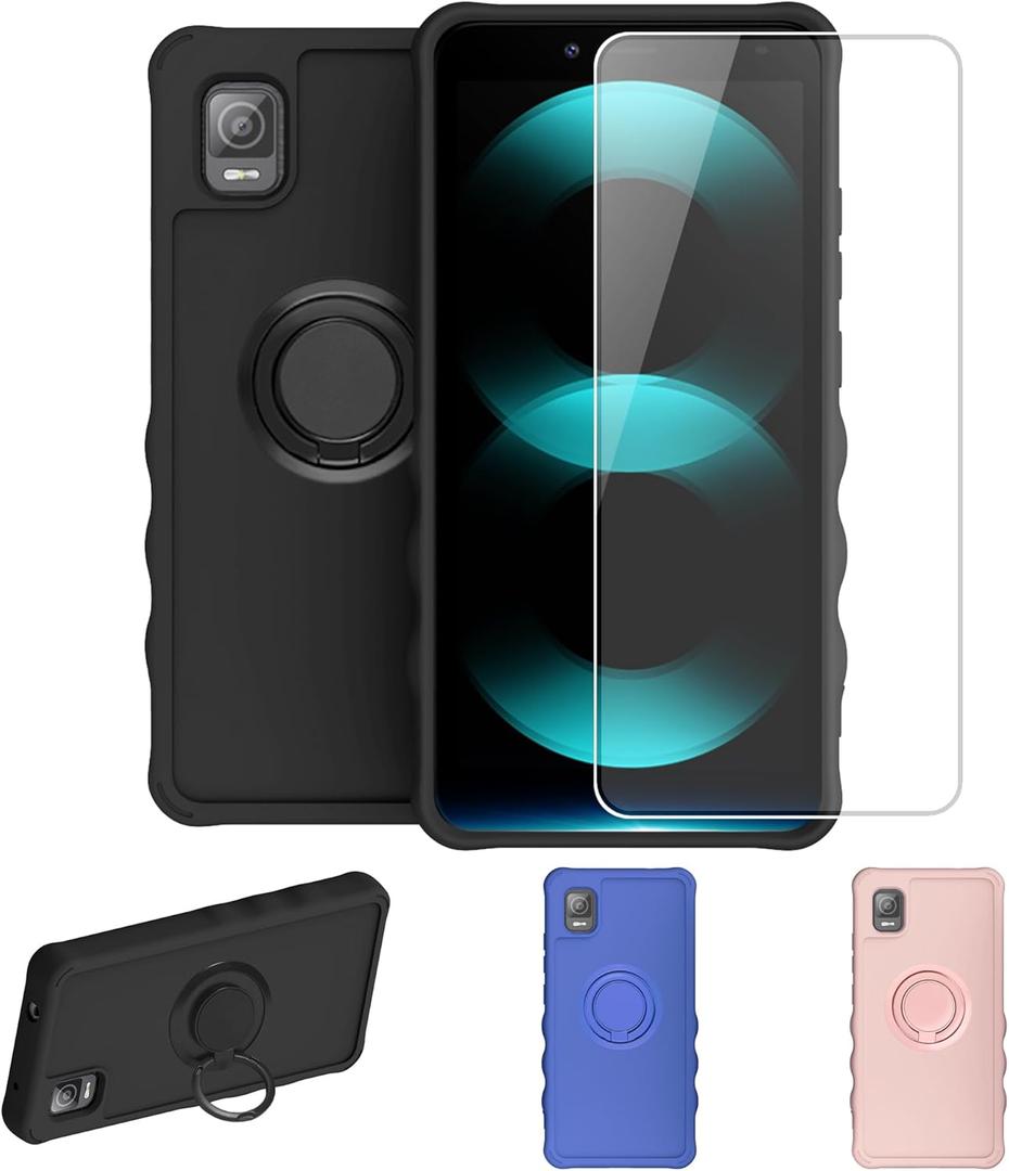 Koobee K100 Case Compatible with Ans Koobee K100 Phone Case SL004T Case Cover [with Tempered Glass Screen Protector][ 2MM Thickening Super Protection][Ring Support] Black