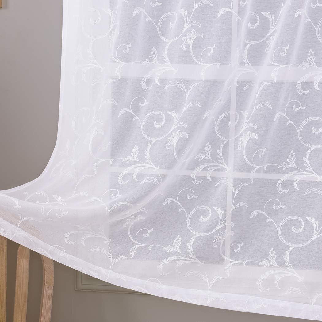 Floral Embroidery Sheer Curtains White 84 Inch Length, Rod Pocket Vintage Voile Drapes for Living room, Bedroom,Semi Crinkle Curtain Panels for Patio, Villa, Set of 2, 52"x 84". (52"Wx84"L, White) (52"W x 84"L (Pack of 2))