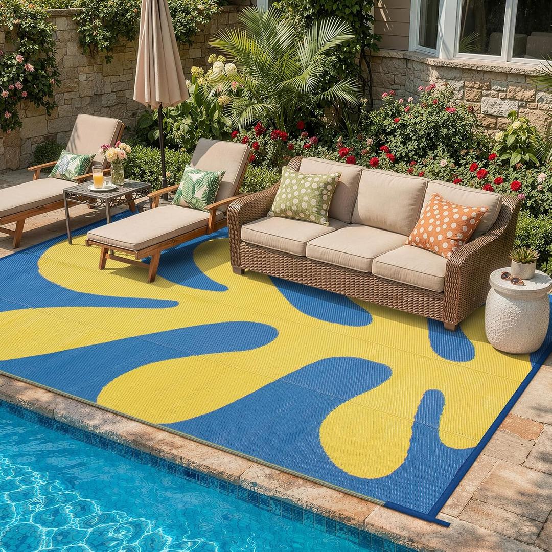 Wonnitar Abstract Outdoor Rug 9x12, Modern Coral Waterproof Reversible Plastic Straw Rug for Patio, Foldable Lightweight Outside Carpet for Deck, Balcony, RV, Beach, Blue/Yellow