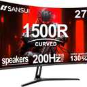 SANSUI 27 Inch Curved Gaming Monitor 200Hz 1ms with Speakers FHD 1080P Computer Monitor FreeSync|1500R|130% sRGB|HDR|Low Blue Light|HDMI DP Ports|VESA Mount|Metal Stand(HDMI Cable Incl.)