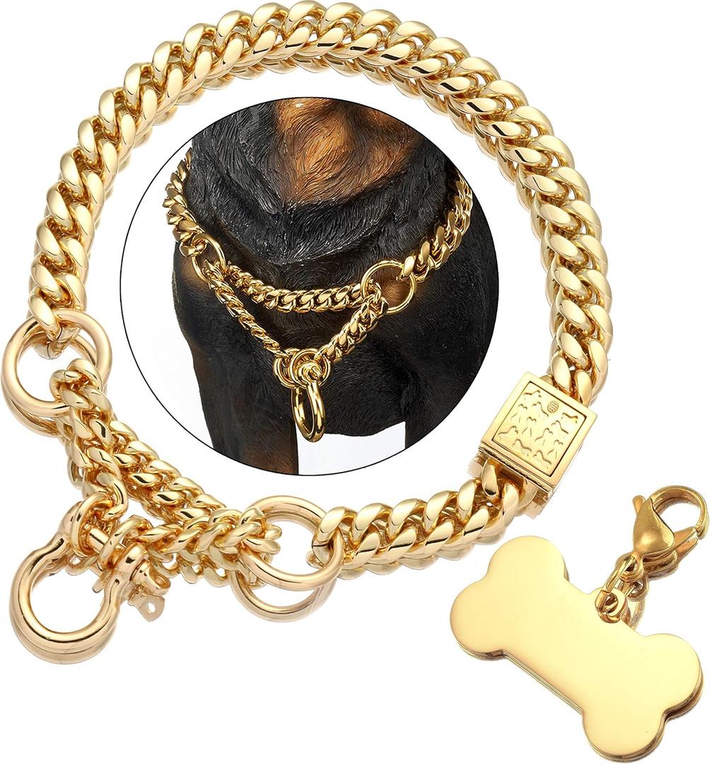 Jewelry Kingdom 1 Gold Dog Martingale Collar Metal Chain with Design Secure Buckle Dog Tag, 18K Cuban Link 15MM Strong Heavy Duty Chew Proof Walking Training Slip Collar (15MM, 26") (26"(Fits Neck 24"-23.5"))