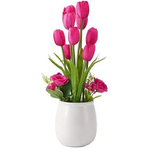 Angerlo 15.75 Inch Artificial Tulip Flowers in Ceramic Vase, Realistic Silk Fake Tulip Spring Flowers Look Real, Lifelike Floral Arrangement for Home, Office, Table Centerpiece, Indoor Decor (Magenta)