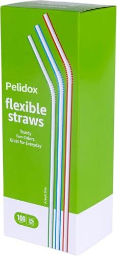 6 x Pelidox Disposable Striped Plastic Flex Straws, 7.5" Long, Assorted Colors, 100 Count, Large Pack
