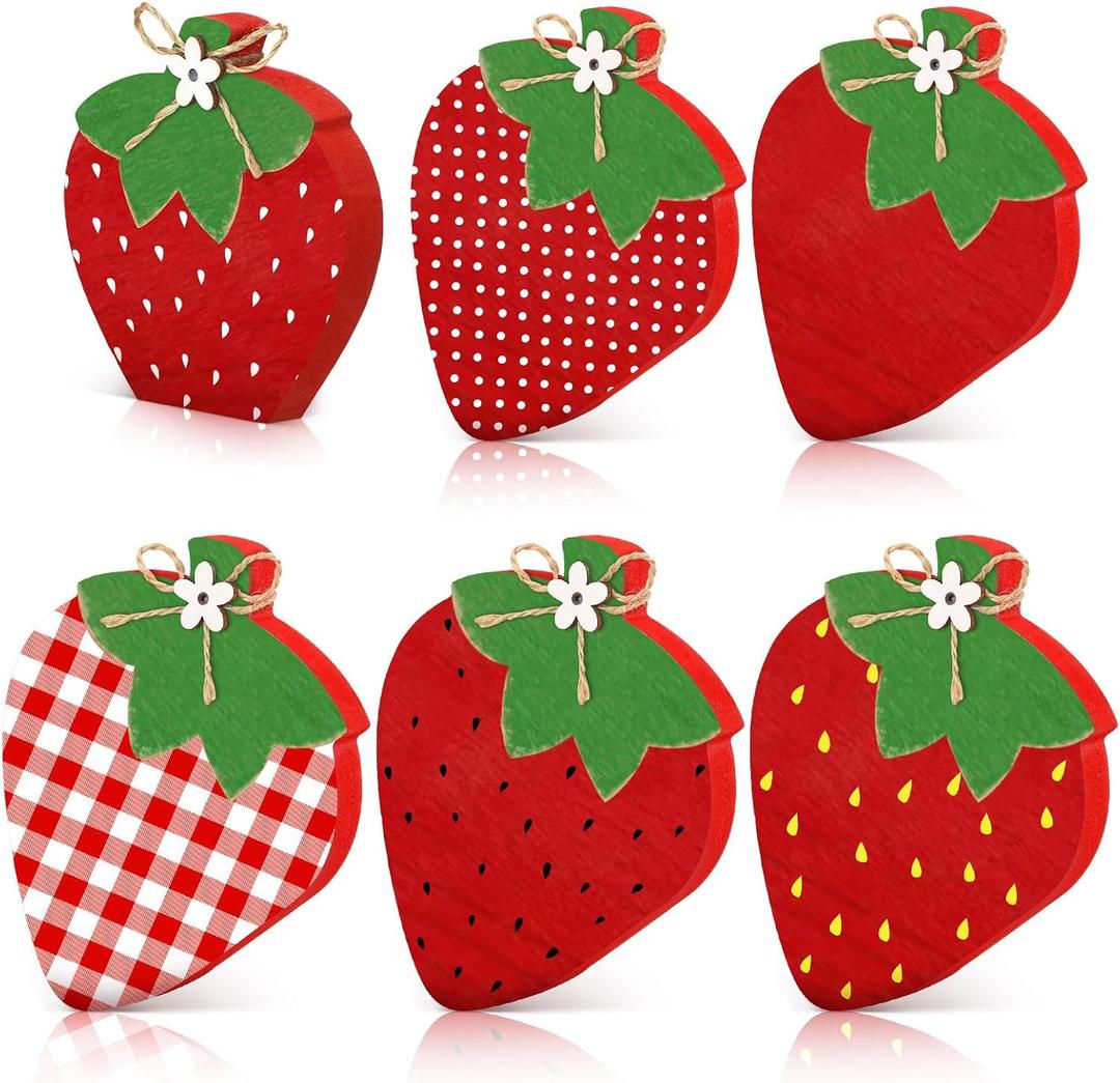 Yalikop 6 Pcs Wood Strawberries Summer Decor Summer Tier Tray Decoration Strawberry Decor Wood Table Signs Block Signs Party Tiered Tray Decorations for Holiday Party Home Supplies