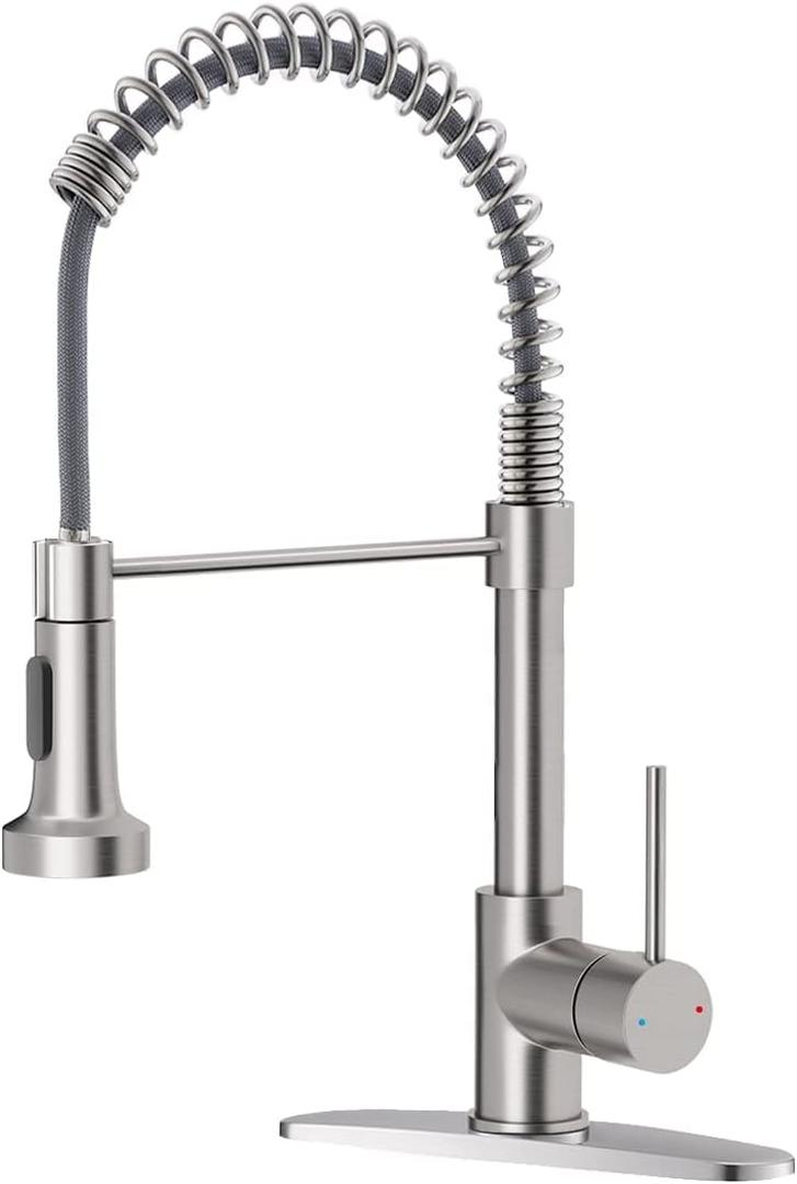 OWOFAN Kitchen Faucet Low Lead Commercial Solid Brass Single Handle Single Lever Pull Out Pull Down Sprayer Spring Kitchen Sink Faucet, Brushed Nickel Kitchen Faucets 866053SN