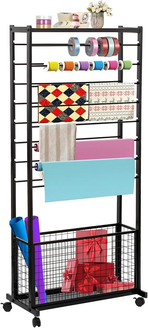 Ribbon Holder Organizer Rack, 16 Tier Ribbon Storage Organizer, Movable Metal Vinyl roll Storage with Storage Basket, Gift Wrapping Organizer Storage for Craft Room Flower Shop
