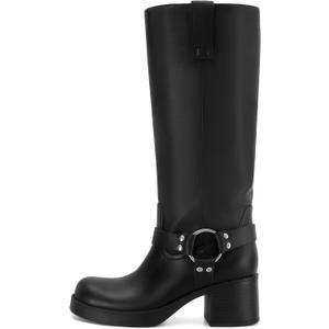 Women's Knee High Riding Boots Chunky Heel Wide Calf Motorcycle Boots with Side Zipper 7.5
