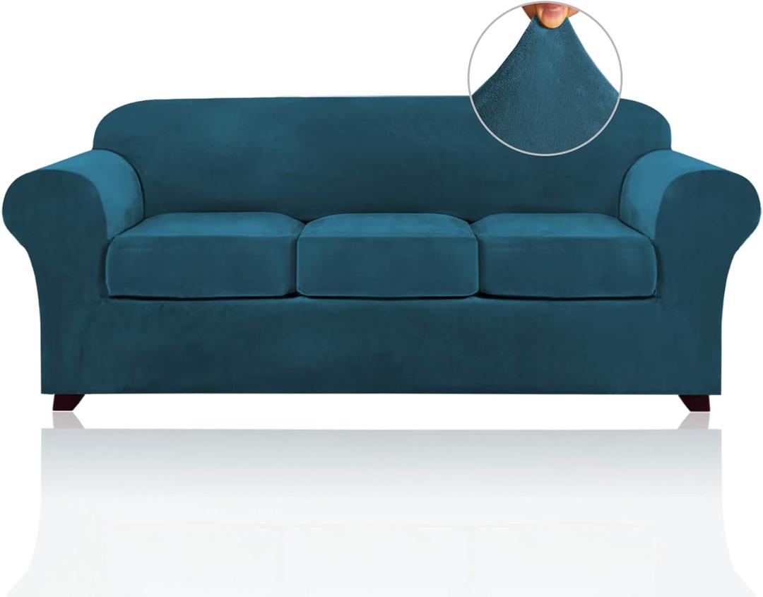 PrinceDeco Velvet Couch Covers for Sofa Soft 4 Pieces Couch Covers for 3 Cushion Couch Sofa Pet Friendly Furniture Protector with Non Slip Elastic Bottom Width Up to 90 Inch(Large, Deep Teal)