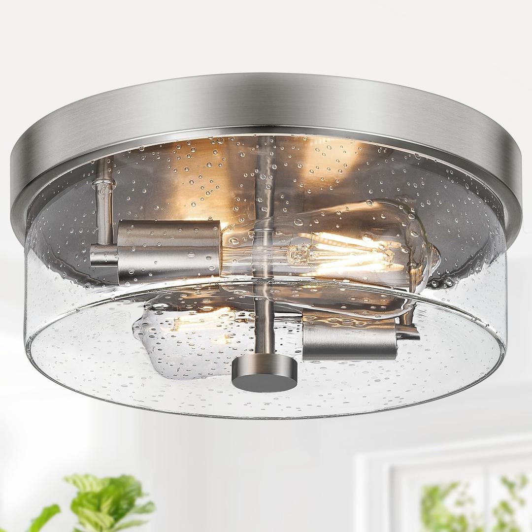 Flush Mount Ceiling Light Fixtures, 2-Light 12 Inch Brushed Nickel Close to Ceiling Light Fixtures with Seeded Glass Shade Ceiling Light Fixture for Porch, Hallway, Bathroom, Dining Room and Foyer