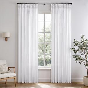 Memory Trained Pinch Pleated Curtains 90 Inches Long, Viral Linen Pinch Pleat Sheer Curtains with Ring Hooks&Clips for Track System Living Room, White Light Filtering Privacy Curtain 2 Panel Set