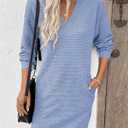 EVALESS Womens Fall Dresses 2026 Long Sleeve V Neck Casual Dress Textured Loose Fit Shift Mini Dress with Pockets Beau Blue XX-Large (XXL)