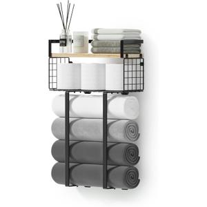 Towel Racks for Bathroom, Metal Towel Holder with Storage Basket,Wall Towel Rack for Rolled Towels, Towel Storage for Small Bathroom. (Large, Wood)