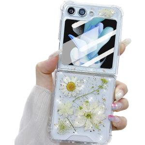 for Samsung Galaxy Z Flip 7 FE/Z Flip 6 Clear Glitter Floral Case,Cute Pressed Dried Real Flowers Design Bling Sparkly White Floral Women Girls Protective Case for Galaxy Z Flip 7 FE/6,Clear
