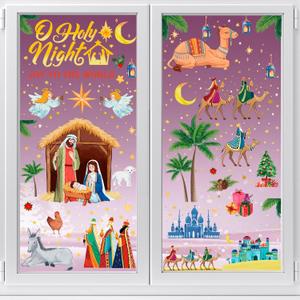 HOWAF Nativity Christmas Window Clings Stickers, 9 Sheet Religious Christmas Scene Holy Night Joy to The World Window Decals for Christmas Decor, Christian Jesus Static Glass Stickers Party Supplies