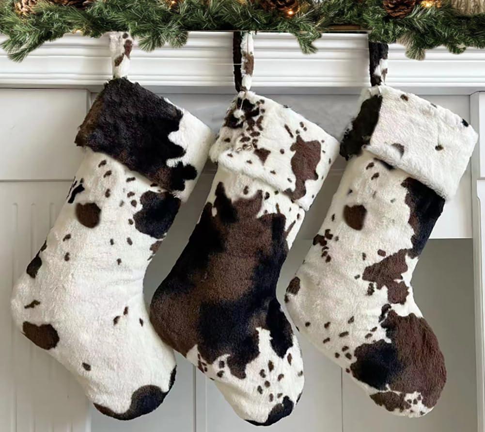 AISENO 3 Pack Cow Faux Fur Christmas Stockings Faux Fur- Hanging Ornaments Candy Gift Bags for Christmas Decorations 20 Inch