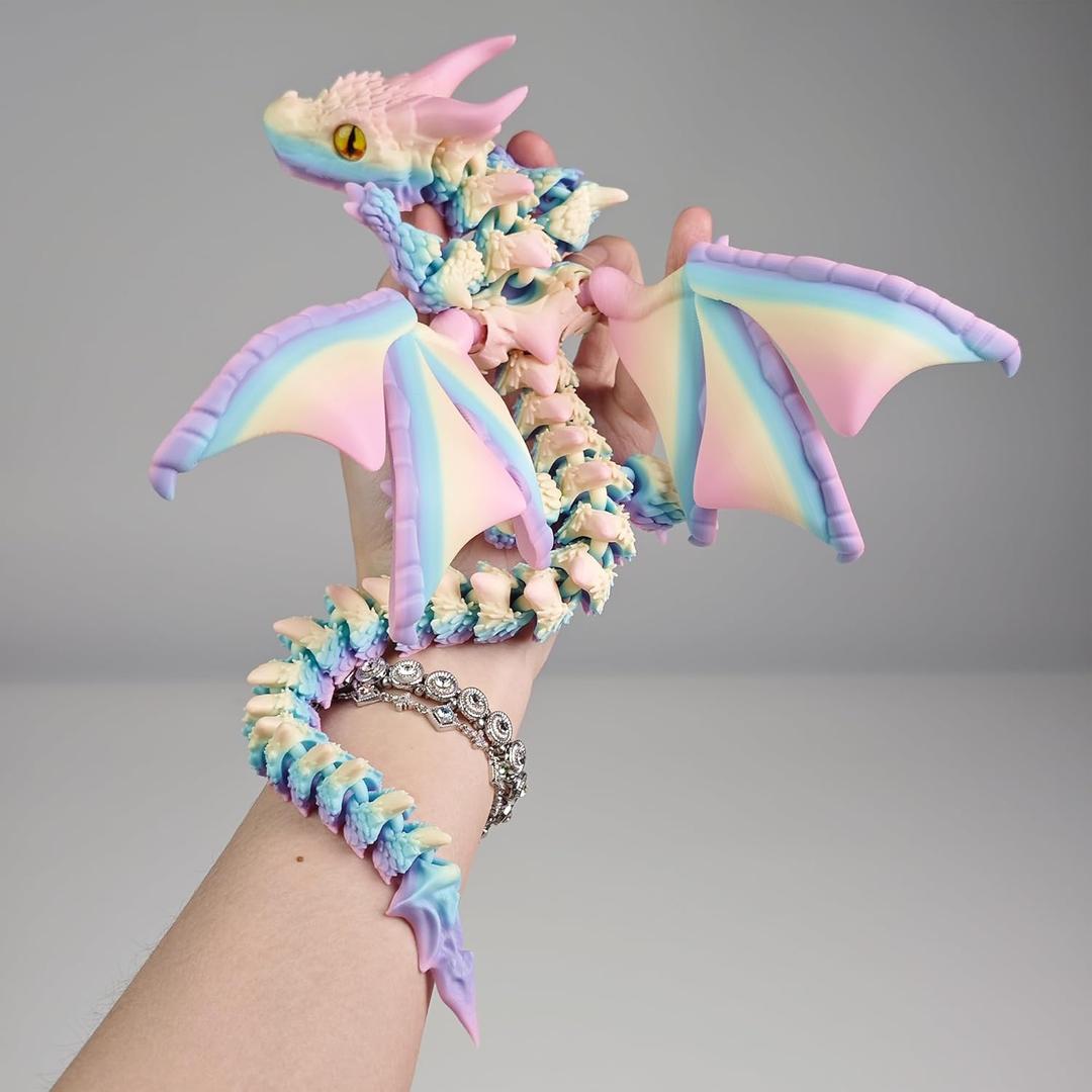 3D Printed Dragon with Wings, 3D Printed Animals Toys, Fidget Dragon Toys, Flexible Articulated Winged Crystal Dragon Model, Desktop Pet Decor, Dragon Gift for Kids & Adult (Random-Rainbow)