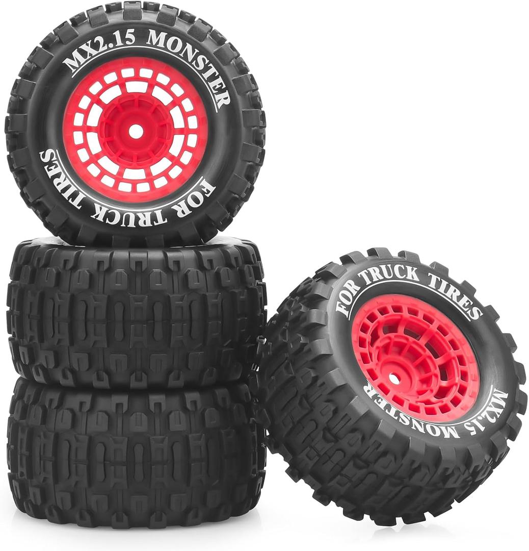 1/16 RC Car Tires and Wheels, daitoku 12mm Hex RC Truck Tires for MiniX Mini XRT 1/16 MJX 16207 16210 16209 16208 HSP 94186 Traxxas E-Revo LOSI 1/18 Mini LMT - Style B (Red)