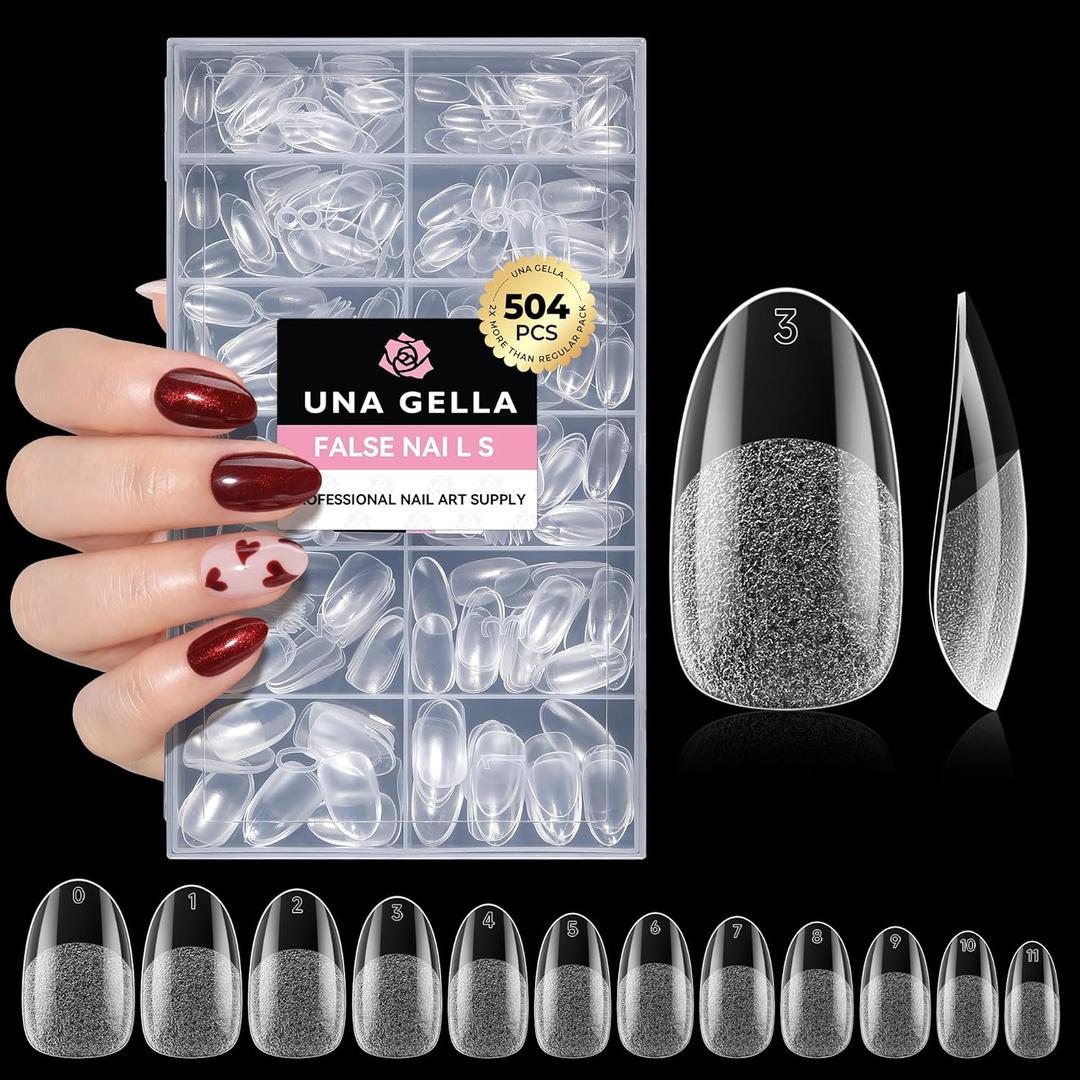 UNA GELLA Oval Fake Nails Pre-shape 504pcs Almond Gel Nail Tips Round Almond Press on Nails for Full Cover Acrylic Round Oval Full Nails False Nails 12 Sizes False Soft Gel Tips