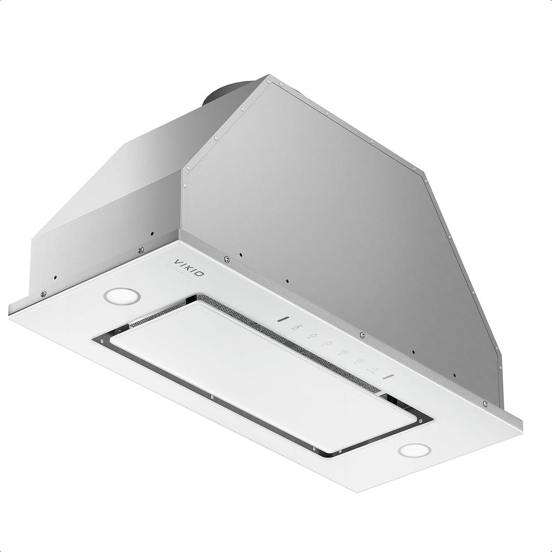 VIKIO HOME Range Hood Insert 36 inch, 900 CFM Ducted/Ductless Convertible, Stainless Steel & Tempered Glass White 36 inch Built-in Range Hood, With 3-Speed Fan and Gesture Sensing &Touch Control