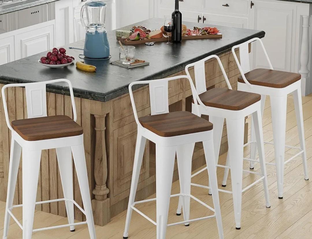 Bar Stools Set of 4 Metal Bar Stool Counter Height Bar Stools White, Modern Bar Chairs with Back and Wooden Seat 30" Bar Stool Counter Height