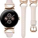 Minyee Leather Band Compatible with Google Pixel Watch 4/3 41mm/Pixel Watch 2/1 Bands Women,Slim Thin Dressy Designer Premium Leather Strap with C-Shape Metal Buckle for Google Smartwatch Accessories (Starlight/Rose Gold)