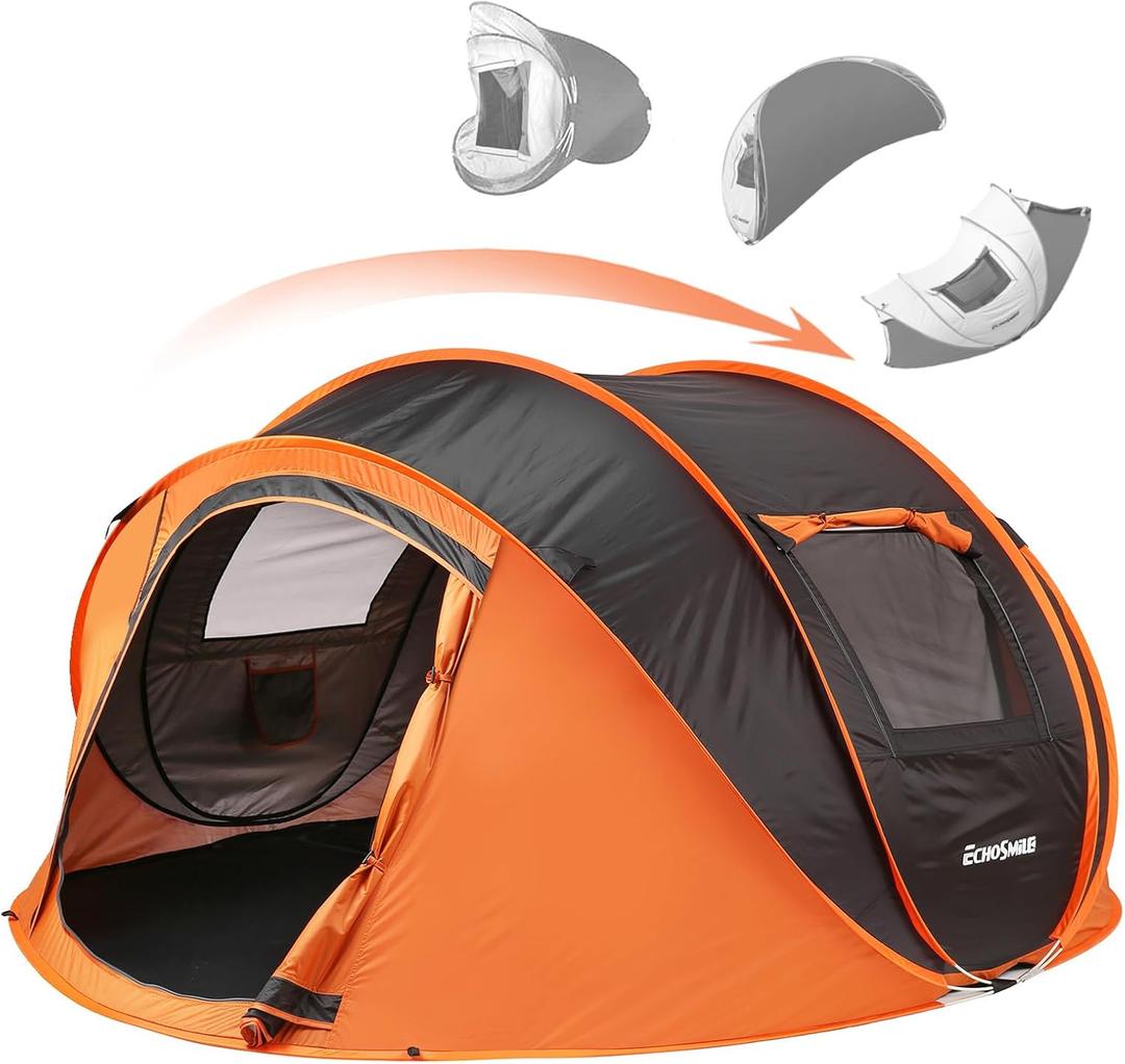 EchoSmile Pop Up Camping Tent, 2/4/6 Person Easy Setup Tent, Water Resistant Dome, Portable with Carry Bag (Black&Orange)