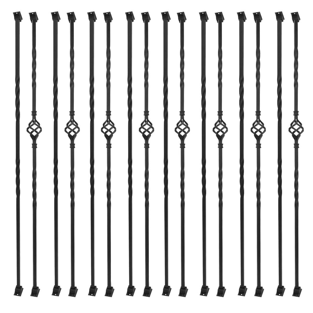 16-Pack Wrought Iron Balusters for Staircase, Hollow Single Basket with Double Twist 1/2" Square Metal Balusters with 32 Iron Baluster Swivel Shoes