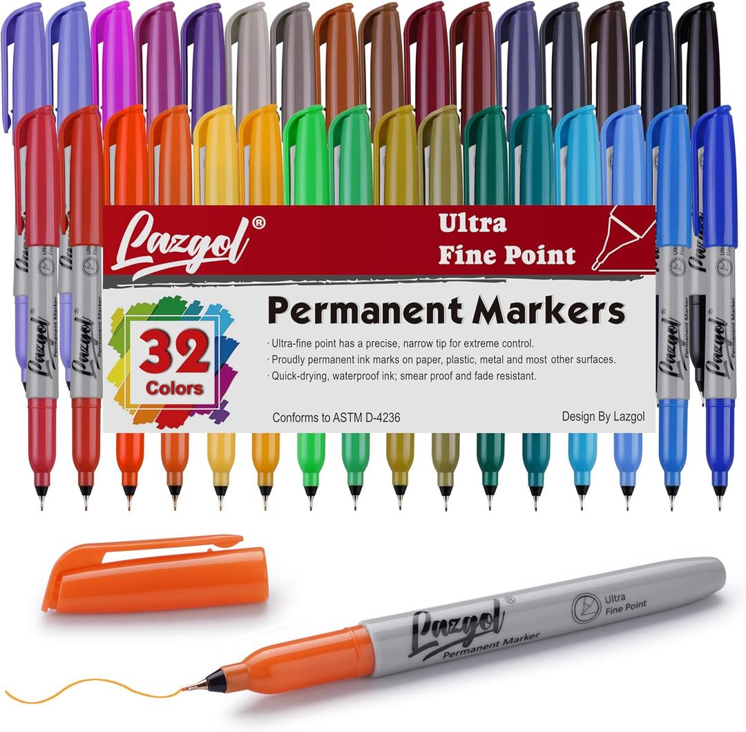 Permanent Markers Bulk, Ultra Fine Point, 32 Assorted Colors 0.4 mm Permanent Marker set, Felt Tip Pens Works on Plastic, Wood, Stone, Metal and Glass for Doodling, Marking