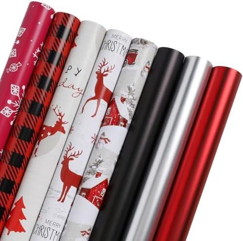 LaRibbons Christmas Wrapping Paper Rolls, 30Inch × 10Feet, 8 Rolls: 200 sq.ft.ttl, Classic Reindeer/Snowflake/Plaid/Truck and Matte Solid Color Gift Wrap Bundle for Christmas, Holiday, Season Party