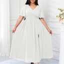 SCOMCHIC Women Plus Size Maxi Formal Dresses Wedding Guest Cocktail Short Sleeve V Neck Smocked Slit Long Flowy Dress (White, XXL)