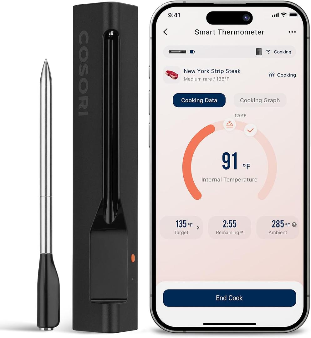 COSORI Wireless Meat Thermometer Digital, Bluetooth Food Thermometer for Grill, Smoker, Oven, Air Fryer for Turkey, Chicken, Steak, Gifts for Men, 90+ Recipes in Free App