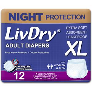 LivDry XL Overnight Adult Diapers for Women and Men, Incontinence Underwear, X-Large, 12-Pack