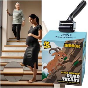16 Pack Clear Stair Treads for Wooden Steps Indoor - 24"x4" Non Slip Stair Treads. Self Adhesive, Safe Anti Slip Tape for Kids, Seniors & Pets. Staircase Step Tread Includes Rubber Roller