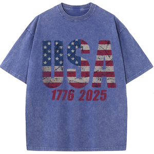 4th of July USA Shirts for Men - 2025 Oversized Crewneck American Flag USA 1776-2025 Shirts L