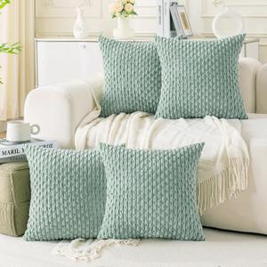 Set of 4 Aqua Decorative Throw Pillow Covers 18x18 Inch Corduroy Pillow Covers for Bed Couch Sofa Living Room Soft Square Cushion Cases (Light Teal)