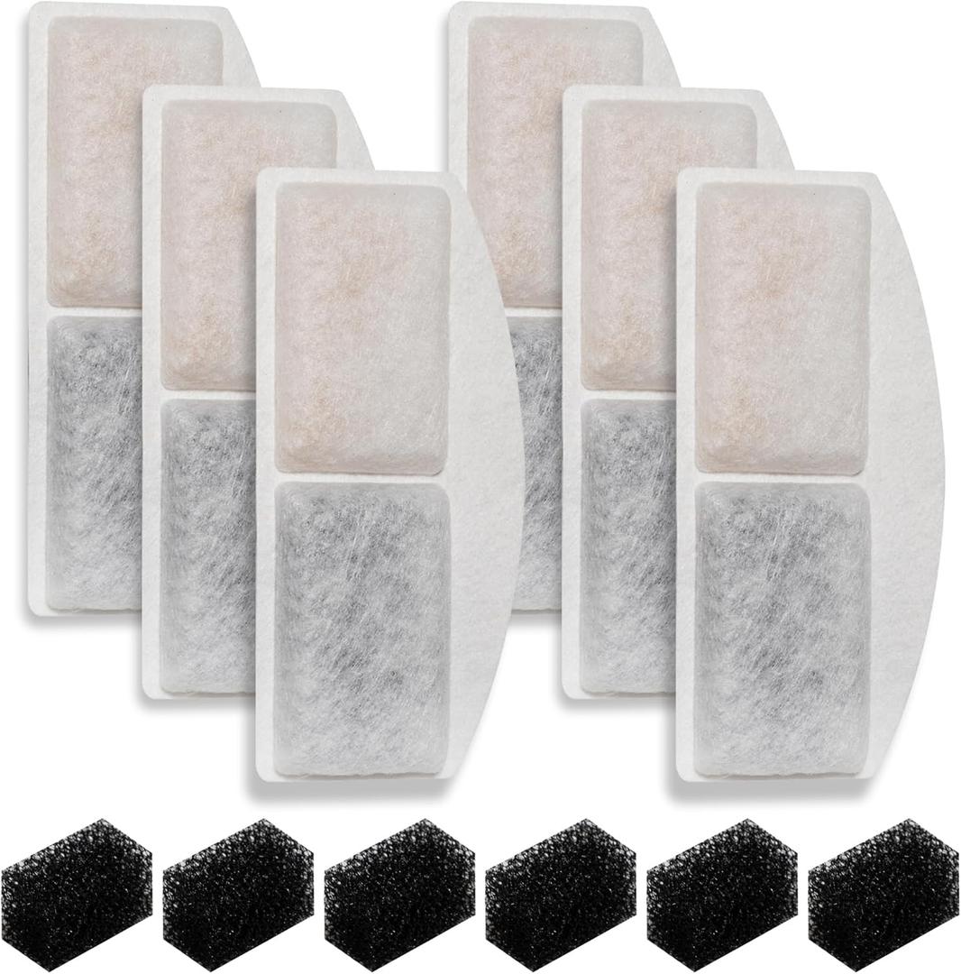 TOGGATH Cat Water Fountain Filter Replacement Compatible with Veken 100oz/3L/0.8GAL Automatic Pet Fountain, Replacement Filters for Cat Dog Water Fountain Dispenser with Pre-Filter Sponges(6+6 Packs)