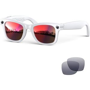 AI Smart Glasses with Camera,8MP 2K HD Camera Glasses,AI Voice Control,Photo Recognition and Translation,Smart Sunglasses with Bluetooth Call,IP67 Waterproof for Driving,Outdoor,Men,Women,+2 Lenses. (Red Lenses/White)