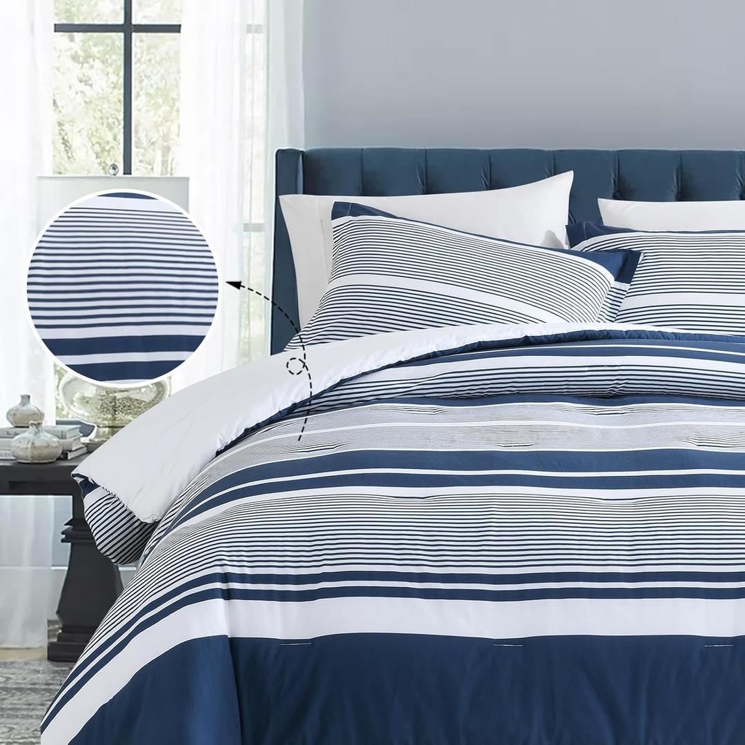 Finlonte King Size Comforter Set, Navy Blue White Striped Comforter, 100% Cotton Luxury Fluffy Cozy Bed Set, Modern Minimalist King Quilted Comforter All Season, 104"  90", 3 Pieces