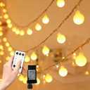 RaThun 49.2ft Warm White Globe String Lights, 100 LED with 16ft Extended Lead Wire & Remote, 8 Modes, IP44 Waterproof Plug in Linkable Lights for Outdoor Indoor Party Wedding