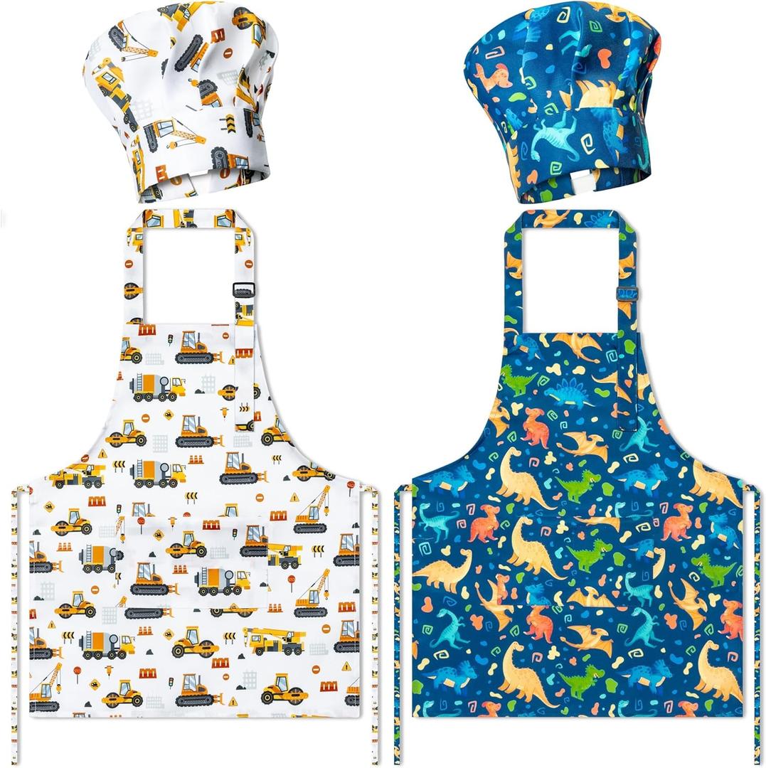 GROBRO7 4Pcs Kids Apron and Chef Hat Set Gift for Girls Boys, Dinosaurs Construction Vehicles Adjustable Kitchen Cooking Child Aprons with 2 Pockets Waterproof Smocks for Baking Painting Crafting