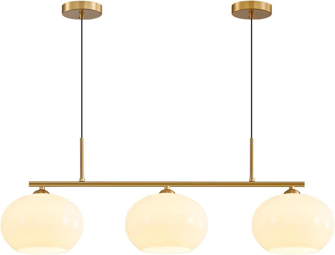 KCO Lighting 3 Light Linear Pendant Lighting Milk Glass Flush Mount Ceiling Light Brass Gold Chandelier Light Fixture Modern Globe Linear Chandelier Dining Room Dining Room Over Table