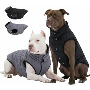 LovinPet Large Dog Puffer Coat, Reversible DownInsulated Winter Jacket, WaterResistant & WindResistant, AntiStatic, Dual-Sided Black & Grey for Cold Weather, L